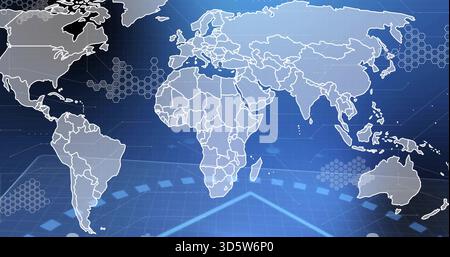 Affichage stylisé de la carte du monde occupant le centre sur le tableau de bord numérique, montrant la flèche en chevron, l'itinéraire Banque D'Images