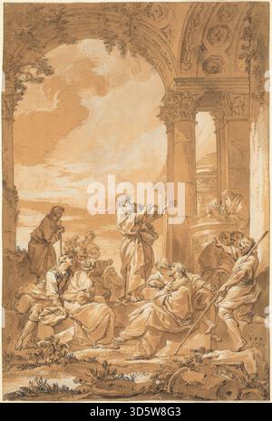 Cette œuvre de 1734 de Giovanni Paolo Panini représente Saint Paul prêchant à Athènes. Exécuté à la plume et à l'encre noire avec un lavage gris et une gouache blanche sur papier préparé, le dessin met en valeur les figures, les gestes, l'architecture et les détails de la mise en scène classique. Banque D'Images