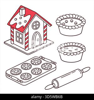 Icônes de boulangerie de Noël avec maison en pain d'épice, plateau à tarte et à biscuits - ensemble vectoriel festif minimal mignon Illustration de Vecteur