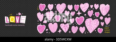 Jeu de découpes en papier coeurs et étoiles. Stickers texturés à motif crayon collage pour l'amour et les designs de scrapbook. Coeurs, autocollant scintillant, icône coupée. Rebuts p Illustration de Vecteur