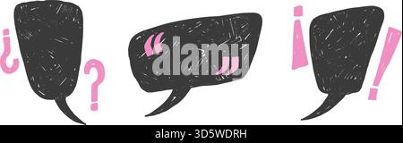 Bulles vocales avec ponctuation espagnole inversée. Cadres de zones de texte dessinées à la main au crayon. Légendes promo crayon formes texturées. Boule de texte vectorielle Illustration de Vecteur