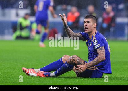Milan, Italie. 16 novembre 2025. Gianluca Mancini, de l'Italie, réagit lors du match de qualification de la Coupe du monde de la FIFA 2026 entre l'Italie et la Norvège au stade San Siro de Milan crédit : BEAUX SPORTS Pressefotoagentur/Alamy Live News Banque D'Images