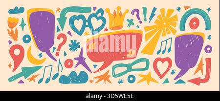 Bulle de parole forme funky citation cadre boîte crayon texte design pour des messages ludiques. Nuages de légende, fleurs pour dialoguer ou notes. dra main Illustration de Vecteur