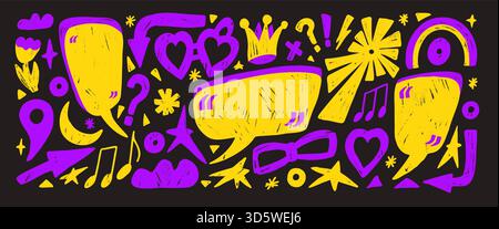 Bulle de discours aux couleurs vives dessinées à la main, boîtes de texte en crayon avec guillemets. Nuages de dialogue ludiques et formes comme des coeurs, des flèches ou des étoiles. A Illustration de Vecteur
