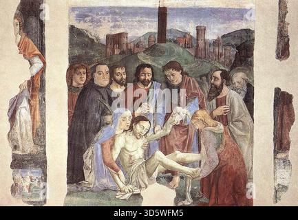 GHIRLANDAIO, Domenico (1449, Firenze, d. 1494, Firenze) Lamentation sur le Christ mort c. 1472 Fresco Ognissanti, Florence marquée par les signes de douleur, Marie embrasse son fils mort. Marie-Madeleine et Saint Jean tiennent les bras et les jambes du Christ, ses mains et ses pieds marqués des stigmates. Autour du groupe se trouvent six autres saints, dont, à droite, Joseph d'Arimathée et Nicodème. Derrière eux, sur la colline du Golgotha, le tronc de Croix s’élève devant une vue sur la ville de Jérusalem. --- mots-clés : ------------- Auteur : GHIRLANDAIO, Domenico titre : Lamenta Banque D'Images
