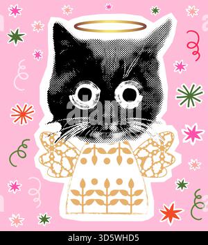 Chat noir drôle, chaton d'ange de vecteur comique, conception amusante de vacances de Noël pour cartes de voeux et affiches Illustration de Vecteur
