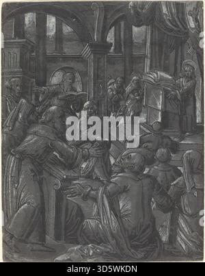 Christ disputant avec les médecins est une peinture allemande du XVIe siècle représentant Jésus débattant avec des érudits dans un temple. La composition met en valeur les gestes, les expressions faciales, les costumes et les éléments architecturaux tout en transmettant le récit biblique. Banque D'Images