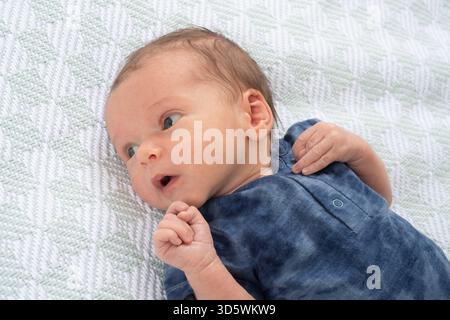 Bébé garçon nouveau-né, 3 semaines, gros plan, sur le dos, portrait alerte, regardant sur le côté Banque D'Images