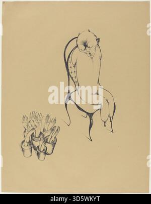 Imprimé noir et blanc de Heinrich Hoerle de 1920 intitulé 'hallucinations', montrant des formes humaines abstraites et des motifs géométriques dans une composition reflétant l'expérimentation psychologique et visuelle. Banque D'Images