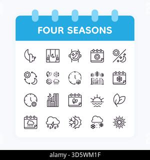 Icônes de saison. Météo saisonnière. Lune nocturne. Soleil de jour et matin. Flocon de neige d'hiver. Heure d'été. Automne fin ligne aube. Panneaux météorologiques. Cadran d'horloge. Pluie de nuages printaniers. Jeu de symboles de calendrier vectoriel Illustration de Vecteur