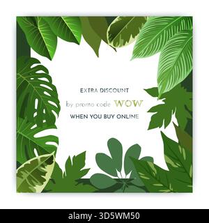 Cadre de feuilles tropicales. Plantes de jungle exotiques de nature verte, banane et feuille de palmier, modèle de poteau carré. Vente et publicité à rabais. Promotion estivale sur la bannière Web. Illustration botanique vectorielle Illustration de Vecteur
