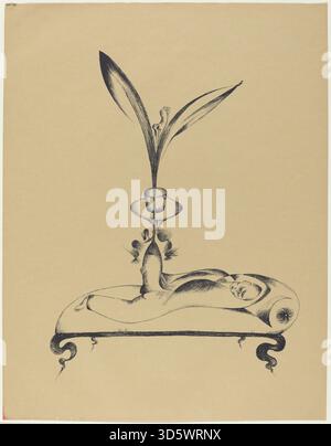 Imprimé de Heinrich Hoerle de 1920 intitulé 'L'homme aux rêves de jambe en bois', représentant une figure masculine assise avec une jambe prothétique, utilisant des formes géométriques et une composition stylisée. Banque D'Images
