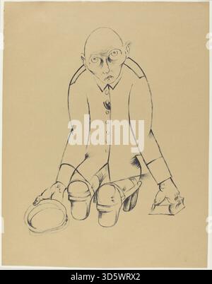 Lithographie de Heinrich Hoerle de 1920 intitulée « The Bread Winner », montrant une figure ouvrière portant du pain, caractérisée par des formes simplifiées et des lignes angulaires typiques de la Nouvelle objectivité. Banque D'Images