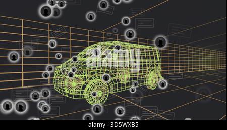 Animer un modèle de van filaire 3D néon flottant sur une grille orange dans un espace virtuel, avec des icônes d'avatar Banque D'Images