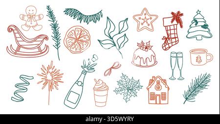 Ensemble de doodles de Noël et d'hiver dessinés à la main Illustration de Vecteur