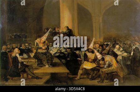 Le Tribunal de l'Inquisition, également connu sous le nom de Cour de l'Inquisition ou scène de l'Inquisition (espagnol : escena de Inquisición), est une peinture à l'huile de 46 x 73 centimètres (18 x 29 po) produite par l'artiste espagnol Francisco Goya entre 1812 et 1819[1]. la peinture appartient à une série qui comprend également la baguette de taureau, la maison de fous et Une procession de Flagellants, toutes reflétant des coutumes auxquelles les libéraux (dont Goya était alors l'un) se sont opposés et souhaitées, mais leur réforme a été opposée par la politique absolutiste (autocratique) de Ferdinand VII d'Espagne[2]. Banque D'Images
