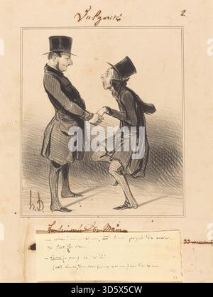 Cette lithographie de 1841 d'Honoré Daumier, intitulée 'allons ! Mon jeune ami, une bonne poignée,' représente un jeune homme accueilli, mettant l'accent sur le geste, l'expression, les chiffres, l'interaction, et l'observation sociale caractéristique de l'estampe française du milieu du XIXe siècle. Banque D'Images