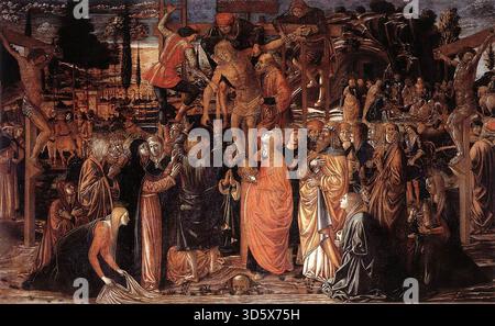 GOZZOLI, Benozzo (né vers 1420, Florence, d. 1497, Pistoia) descente de la Croix 1491 huile sur toile, 180 x 300 cm Museo Horne, Florence cette image reflète l'influence du moine dominicain Savonarola, qui exigeait une clarté religieuse sans ornementation laïque. L'interprétation stricte de la matière biblique a rendu complètement impossible la production d'un spectacle de magnificence comme dans la chapelle privée des Médicis. Dans la scène, qui contient de nombreuses figures, la vue ouverte sur le fond et les gestes de Marie et Saint Jean l'évangéliste nous guident compositivement vers le Banque D'Images