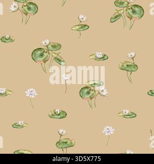 Motif aquarelle sans couture avec de délicats nénuphars blancs avec des feuilles vertes. Fleurs de lotus dessinées à la main sur un fond isolé, parfait pour t Banque D'Images