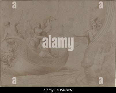 Gravure représentant la scène mythologique de l'enlèvement d'Hélène de Troie, montrant des personnages, des chevaux et des éléments architecturaux, mettant l'accent sur la composition narrative et dramatique du XVIIe siècle. Banque D'Images