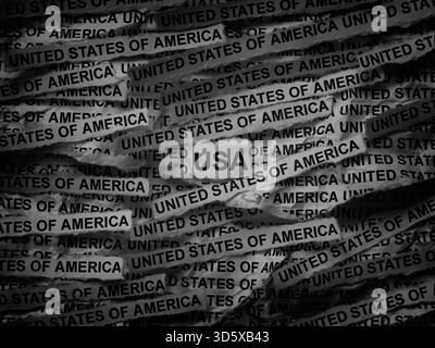 Des bandes de journaux avec les mots United States of America dactylographiés dessus. Noir et blanc. Gros plan. Banque D'Images