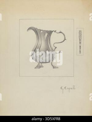 Cette crémeuse en argent c.1936 de Giacinto Capelli est un récipient fabriqué à la main pour contenir et verser la crème, avec des surfaces en argent poli et des éléments décoratifs minimaux, reflétant le design du milieu du XXe siècle. Banque D'Images