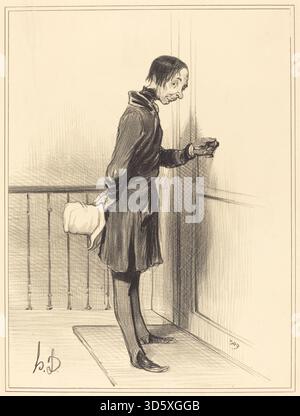 Cette lithographie de 1841 d'Honoré Daumier, intitulée « le mendiant à domicile », représente un mendiant visitant un ménage, illustrant l'observation sociale, la pauvreté et l'interaction domestique dans la France du XIXe siècle. Banque D'Images