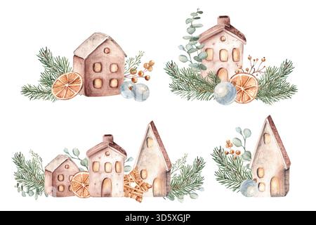 Ensemble de compositions d'aquarelle de Noël. Maisons en céramique avec branches de sapin, orange et eucalyptus. Décoration de la maison confortable dans le style scandinave. Dessiné à la main Banque D'Images
