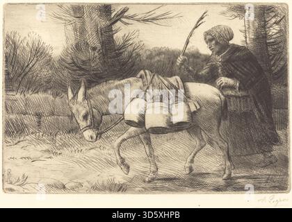 Gravure d'Alphonse Legros, troisième plaque de Milkmaid de la série Boulogne, montrant la figure féminine dans un cadre domestique avec une tenue et une activité détaillées. Banque D'Images
