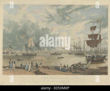 La Nouvelle-Orléans prise de l'autre côté, à une courte distance au-dessus du Middle ou Picayyune Ferry, 1841, par William James Bennett d'après Antoine Mondelli, représente le paysage urbain avec le bord de la rivière, ferry, bâtiments, caractéristiques architecturales détaillées, rendu naturel de l'eau, lithographie américaine du XIXe siècle, composition illustrative, vue en perspective, scène urbaine, éléments détaillés de la ville, rivière, transport, couleur appliquée à la main, paysage urbain, art américain du milieu du XIXe siècle, représentation architecturale, rendu artistique, composition thématique, illustration détaillée, structures de la ville, berge, pla urbain Banque D'Images