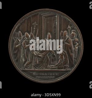 Le revers de cette médaille de 1825 de Giuseppe Girometti représente le pape Léon XII avec des cardinaux pendant la fin de l'année jubilaire, montrant l'interaction cérémonielle, le contexte religieux et le travail en relief détaillé. Banque D'Images