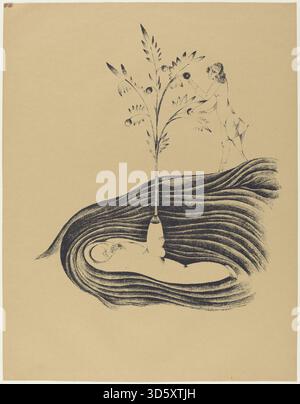Imprimé de Heinrich Hoerle de 1920 intitulé 'Friendly Dreams', représentant des figures humaines dans une composition géométrique stylisée, suggérant une expression émotionnelle calme ou optimiste. Banque D'Images