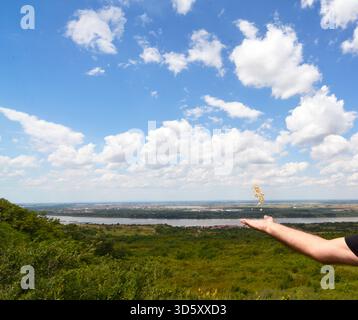 Un homme palmier répandant des graines de citron dans la nature verte avec un Danube la rivière et le ciel nuageux bleu derrière Banque D'Images