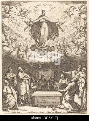 Une gravure de Jacques Callot représentant l'Assomption de la Vierge Marie, montrant son ascension entourée d'anges et de figures en vêtements d'époque. L'œuvre met l'accent sur les gestes, les expressions et le fond architectural ou céleste commun au XVIIe siècle Christian compris Banque D'Images