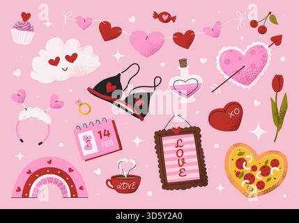 Ensemble de cliparts dessinés à la main pour la Saint-Valentin. Illustration de Vecteur