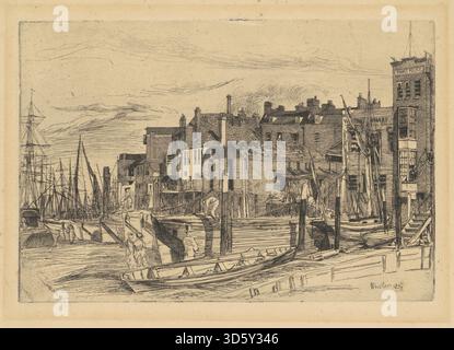 Cette œuvre de James McNeill Whistler de 1859 représente des bateaux de police le long de la Tamise, capturant le front de mer industriel et l'activité de patrouille à Londres au milieu du XIXe siècle. La peinture met l'accent sur la rivière, les bateaux et l'architecture urbaine environnante. Banque D'Images
