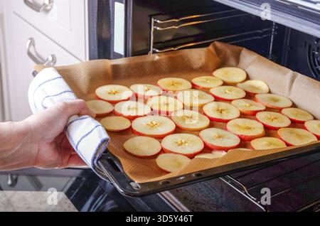 Une femme au foyer met une plaque de cuisson de pommes tranchées dans un four électrique pour sécher. Fruits secs, aliments sains. Orientation horizontale, foc sélectif Banque D'Images