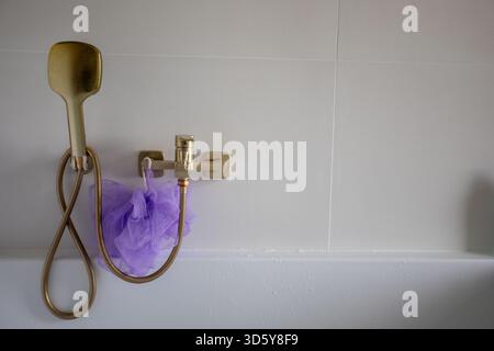 Luminaires de luxe sur mur carrelé, espace de baignade relaxant avec des accents or et violet, ambiance de salle de bains sereine soulignée par des luminaires élégants et Banque D'Images