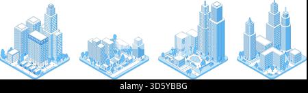 Ligne isométrique du quartier de la ville. Quartiers urbains résidentiels et industriels avec maisons, immeubles d'appartements, entrepôt, gratte-ciel. Ville moderne nifty v Illustration de Vecteur