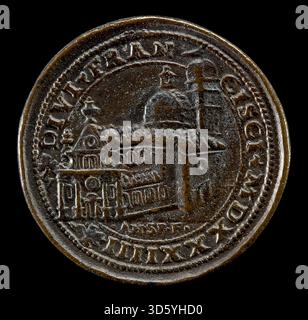 Cette médaille inversée d'Andrea Spinelli, datée de 1534, représente l'église de San Francesco della Vigna à Venise, montrant des détails architecturaux de la façade, du toit et du clocher, rendus en relief sur une surface métallique circulaire. Banque D'Images