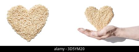 Un tas de riz en forme de cœur, symbolisant l'amour, l'unité et l'espoir. Les céréales, diversifiées et saines, reflètent la solidarité mondiale. Soins, santé et nutrition Banque D'Images
