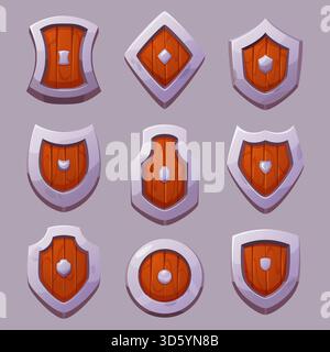 Boucliers de dessins animés. Articles médiévaux pour la protection de chevalier armure vectorielle exacte et armes illustration originale Illustration de Vecteur