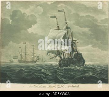 Cette gravure des années 1720 par Kirkall d'après Willem van de Velde l'ancien représente une scène maritime appartenant à une collection avec plusieurs navires, de l'eau, des voiles et un gréement détaillé. Banque D'Images