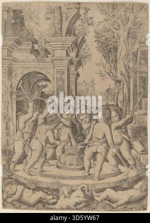 Cette œuvre de Nicoletto da Modena, vers 1507, dépeint le destin allégoire d'une langue maléfique, montrant des figures expressives, des gestes, un récit symbolique, des draperies, et composition détaillée, reflétant la peinture allégorique italienne du début du XVIe siècle. Banque D'Images