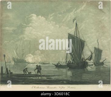 Cette gravure des années 1720 par Elisha Kirkall d'après Willem van de Velde l'ancien représente une scène maritime, montrant des voiliers, des gréements, la mer et le port dans la collection d'Alexander Nisbit. Banque D'Images