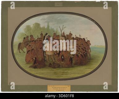 Cette peinture de George Catlin, créée entre 1861 et 1869, montre Catlin peignant un portrait de Mah-to-toh-PA, un individu Mandan. L'œuvre capture la tenue traditionnelle Mandan, les traits du visage et l'interaction artistique. Banque D'Images