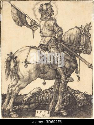 Cette gravure de 1508 par Albrecht Dürer représente Saint Georges monté à cheval, montrant le saint en armure, tenant une lance, avec le cheval en mouvement, anatomie détaillée, draperies et un fond de paysage naturaliste. Banque D'Images