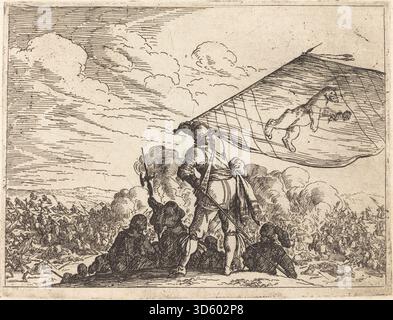 Une gravure de 1635 de Johann Wilhelm Baur représentant de multiples batailles imaginatives avec des soldats, de la cavalerie, de l'artillerie, des armes variées et des paysages, montrant l'interaction humaine et l'organisation militaire. Banque D'Images