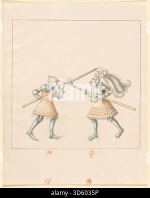 Ce manuscrit enluminé allemand du XVIe siècle représente des tournois de l'empereur Maximilien Ier, mettant l'accent sur les combats à pied et les joutes avec des chevaliers, des armures, des armes, des chevaux, des symboles héraldiques, spectateurs, et décoration de page en tempera et encre sur parchemin. Banque D'Images