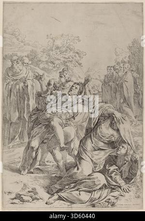 Cette œuvre de Simone Cantarini d'après Lodovico Carracci représente Saint Benoît effectuant la guérison sur des individus possédés. La composition comprend des figures, des gestes, des robes et un cadre religieux, illustrant des thèmes de dévotion baroque primitif. Banque D'Images